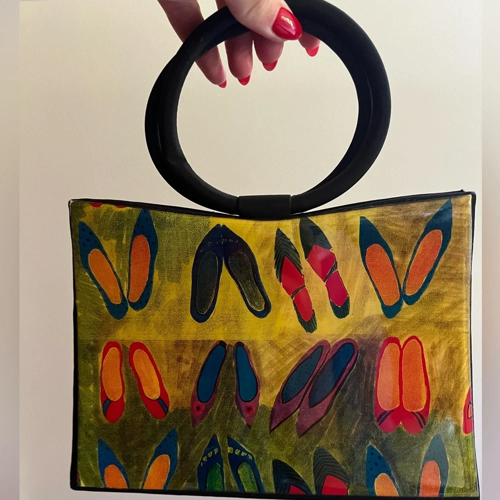 Angela Frascone Vibrant Multicolor Clutch with Artistic Shoe Design